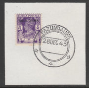 Burma 1945 Mily Admin opt on KG6 3p bright violet SG 36 on piece with full strike of Madame Joseph forged postmark type 106