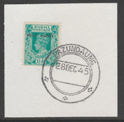 Burma 1945 Mily Admin opt on KG6 1.5a turquoise-green SG 40 on piece with full strike of Madame Joseph forged postmark type 106