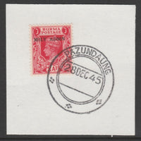 Burma 1945 Mily Admin opt on KG6 2a carminen SG 41 on piece with full strike of Madame Joseph forged postmark type 106