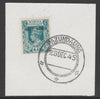 Burma 1945 Mily Admin opt on KG6 4a greenish-blue,SG 45 on piece with full strike of Madame Joseph forged postmark type 106