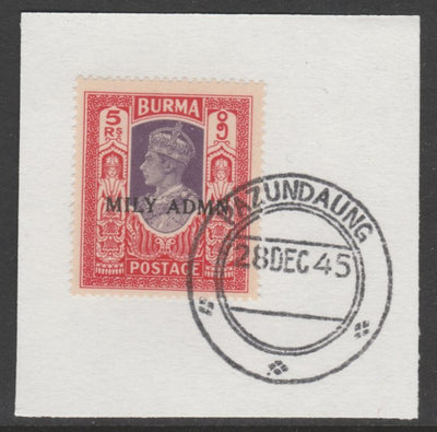 Burma 1945 Mily Admin opt on KG6 5r violet & scarlet SG 49 on piece with full strike of Madame Joseph forged postmark type 106