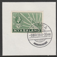 Nyasaland 1934-35 KG5 Leopard Symbol 1/2d green SG 114 on piece with full strike of Madame Joseph forged postmark type 314