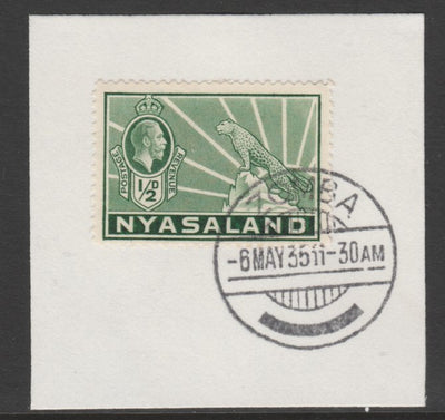 Nyasaland 1934-35 KG5 Leopard Symbol 1/2d green SG 114 on piece with full strike of Madame Joseph forged postmark type 314