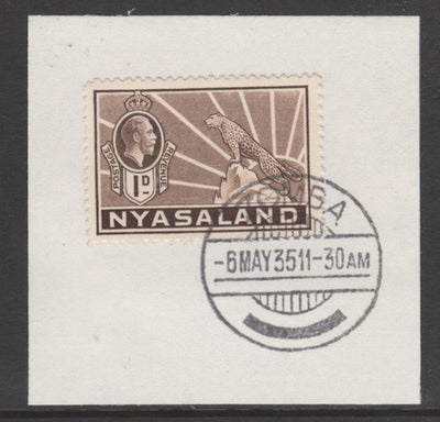Nyasaland 1934-35 KG5 Leopard Symbol 1d brown SG 115 on piece with full strike of Madame Joseph forged postmark type 314