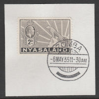 Nyasaland 1934-35 KG5 Leopard Symbol 2d pale grey SG 117 on piece with full strike of Madame Joseph forged postmark type 314