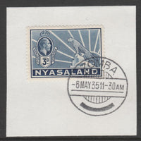Nyasaland 1934-35 KG5 Leopard Symbol 3d blue SG 118 on piece with full strike of Madame Joseph forged postmark type 314