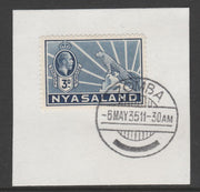 Nyasaland 1934-35 KG5 Leopard Symbol 3d blue SG 118 on piece with full strike of Madame Joseph forged postmark type 314