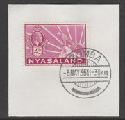 Nyasaland 1934-35 KG5 Leopard Symbol 4d magenta SG 119 on piece with full strike of Madame Joseph forged postmark type 314