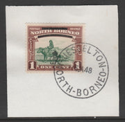 North Borneo 1947 KG6 Crown Colony 1c SG 335 on piece with full strike of Madame Joseph forged postmark type 311