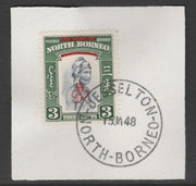 North Borneo 1947 KG6 Crown Colony 3c SG 337 on piece with full strike of Madame Joseph forged postmark type 311