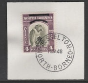 North Borneo 1947 KG6 Crown Colony 4c SG 338 on piece with full strike of Madame Joseph forged postmark type 311