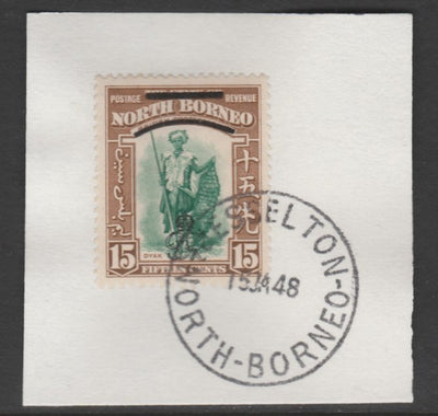 North Borneo 1947 KG6 Crown Colony 15c SG 343 on piece with full strike of Madame Joseph forged postmark type 311