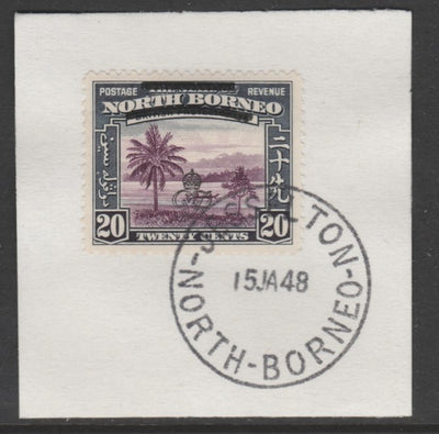 North Borneo 1947 KG6 Crown Colony 20c SG 344 on piece with full strike of Madame Joseph forged postmark type 311