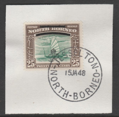 North Borneo 1947 KG6 Crown Colony 25c SG 345 on piece with full strike of Madame Joseph forged postmark type 311