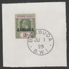 Barbuda 1922 overprint on Leeward Islands 3s bright green & violet SG 7 on piece with full strike of Madame Joseph forged postmark type 50