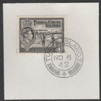 Turks & Caicos Islands 1938 KG6 Raking Salt 1/4d black,SG 194 on piece with full strike of Madame Joseph forged postmark type 427