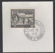 Turks & Caicos Islands 1938 KG6 Raking Salt 1/4d black,SG 194 on piece with full strike of Madame Joseph forged postmark type 427