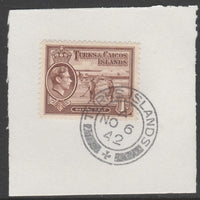 Turks & Caicos Islands 1938 KG6 Raking Salt 1d red-brown,SG 196 on piece with full strike of Madame Joseph forged postmark type 427