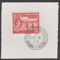Turks & Caicos Islands 1938 KG6 Raking Salt 1.5d scarlet,SG 197 on piece with full strike of Madame Joseph forged postmark type 427