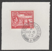 Turks & Caicos Islands 1938 KG6 Raking Salt 1.5d scarlet,SG 197 on piece with full strike of Madame Joseph forged postmark type 427
