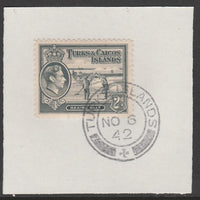 Turks & Caicos Islands 1938 KG6 Raking Salt 2d grey,SG 198 on piece with full strike of Madame Joseph forged postmark type 427