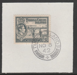 Turks & Caicos Islands 1938 KG6 Raking Salt 2d grey,SG 198 on piece with full strike of Madame Joseph forged postmark type 427