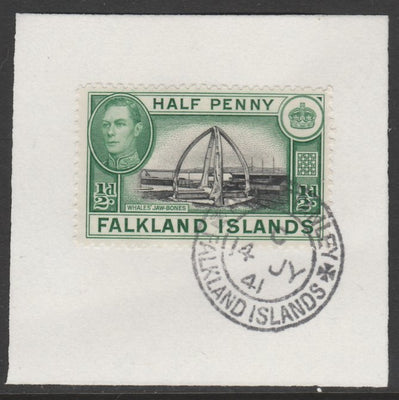 Falkland Islands 1938-50 KG6 Whales' Jawbones 1/2d SG 146 on piece with full strike of Madame Joseph forged postmark type 156