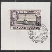 Falkland Islands 1938-50 KG6 Memorial 1d black & violet SG148 on piece with full strike of Madame Joseph forged postmark type 156