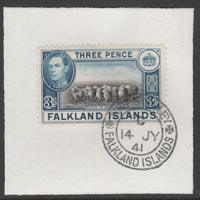 Falkland Islands 1938-50 KG6 Flock of Sheep 3d SG153on piece with full strike of Madame Joseph forged postmark type 156