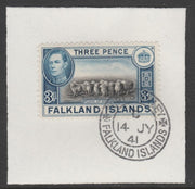 Falkland Islands 1938-50 KG6 Flock of Sheep 3d SG153on piece with full strike of Madame Joseph forged postmark type 156