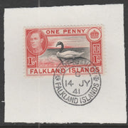 Falkland Islands 1938-50 KG6 Black-necked Swan 1d black & vermilian SG 147a on piece with full strike of Madame Joseph forged postmark type 156