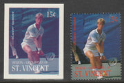 St Vincent - Bequia 1988 International Tennis Players - 15c Anders Jarryd imperf Cromalin die proof (plastic card) in magenta & cyan only plus issued stamp, a rare proof item from the Format International archives. Cromalin proofs……Details Below