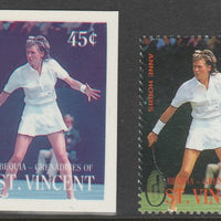 St Vincent - Bequia 1988 International Tennis Players - 45c Anne Hobbs imperf Cromalin die proof (plastic card) in magenta & cyan only plus issued stamp, a rare proof item from the Format International archives. Cromalin proofs ar……Details Below
