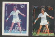 St Vincent - Bequia 1988 International Tennis Players - 45c Anne Hobbs imperf Cromalin die proof (plastic card) in magenta & cyan only plus issued stamp, a rare proof item from the Format International archives. Cromalin proofs ar……Details Below