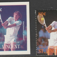 St Vincent - Bequia 1988 International Tennis Players - 80c Jimmy Connors imperf Cromalin die proof (plastic card) in magenta & cyan only plus issued stamp, a rare proof item from the Format International archives. Cromalin proofs……Details Below