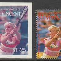 St Vincent - Bequia 1988 International Tennis Players - $1.25 Carlene Basset imperf Cromalin die proof (plastic card) in magenta & cyan only plus issued stamp, a rare proof item from the Format International archives. Cromalin pro……Details Below