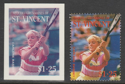 St Vincent - Bequia 1988 International Tennis Players - $1.25 Carlene Basset imperf Cromalin die proof (plastic card) in magenta & cyan only plus issued stamp, a rare proof item from the Format International archives. Cromalin pro……Details Below