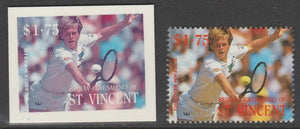 St Vincent - Bequia 1988 International Tennis Players - $1.75 Stefan Edberg imperf Cromalin die proof (plastic card) in magenta & cyan only plus issued stamp, a rare proof item from the Format International archives. Cromalin proo……Details Below