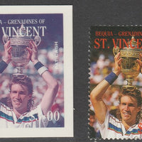 St Vincent - Bequia 1988 International Tennis Players - $3.00 Pat Cash imperf Cromalin die proof (plastic card) in magenta & cyan only plus issued stamp, a rare proof item from the Format International archives. Cromalin proofs ar……Details Below