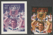 St Vincent - Bequia 1988 International Tennis Players - $3.00 Pat Cash imperf Cromalin die proof (plastic card) in magenta & cyan only plus issued stamp, a rare proof item from the Format International archives. Cromalin proofs ar……Details Below