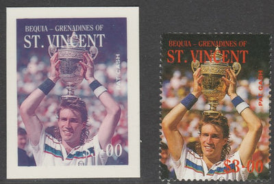 St Vincent - Bequia 1988 International Tennis Players - $3.00 Pat Cash imperf Cromalin die proof (plastic card) in magenta & cyan only plus issued stamp, a rare proof item from the Format International archives. Cromalin proofs ar……Details Below