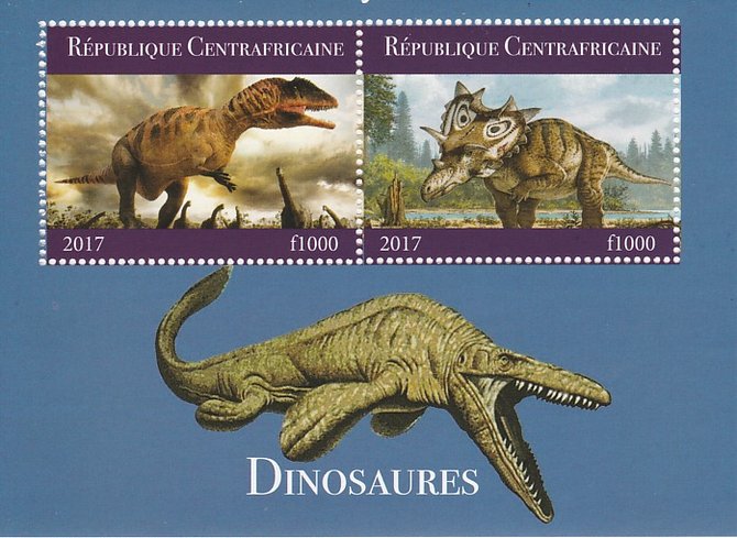 Central African Republic 2017 Dinosaurs #1 perf sheetlet containing 2 values unmounted mint. Note this item is privately produced and is offered purely on its thematic appeal