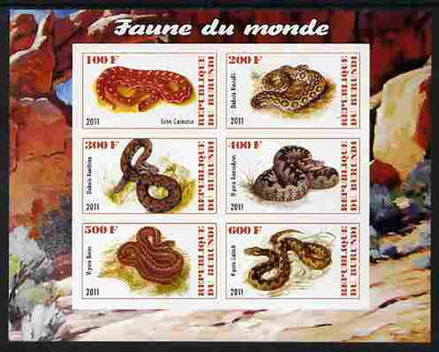Burundi 2011 Fauna of the World - Reptiles - Snakes #2 imperf sheetlet containing 6 values unmounted mint
