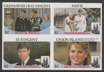 St Vincent - Grenadines 1986 Royal Wedding $2 in imperf block of 4 se-tenant with Nevis $2, St Vincent $2 and Union Island $2 unmounted mint. From an uncut trial proof sheet of which only 10 such blocks can exist. A recent discove……Details Below