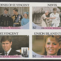 St Vincent - Grenadines 1986 Royal Wedding $2 in imperf block of 4 se-tenant with Nevis $2, St Vincent $2 and Union Island $2 unmounted mint. From an uncut trial proof sheet of which only 10 such blocks can exist. A recent discove……Details Below