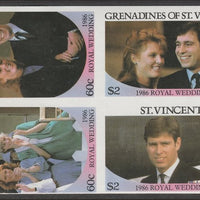 Tuvalu,1986 Royal Wedding 60c in imperf block of 4 se-tenant with St Vincent Grenadines $2 & 60c and,St Vincent $2 unmounted mint. From an uncut trial proof sheet of which only 10 such blocks can exist. A recent discovery never previously offered.