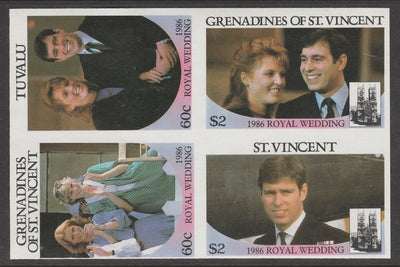 Tuvalu,1986 Royal Wedding 60c in imperf block of 4 se-tenant with St Vincent Grenadines $2 & 60c and,St Vincent $2 unmounted mint. From an uncut trial proof sheet of which only 10 such blocks can exist. A recent discovery never previously offered.
