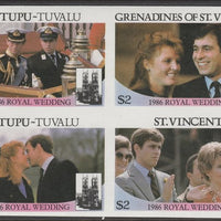 Tuvalu - Vaitupu,1986 Royal Wedding $1 in imperf block of 4 se-tenant with St Vincent Grenadines $2, Vaitupu $1 and,St Vincent $2 unmounted mint. From an uncut trial proof sheet of which only 10 such blocks can exist. A recent dis……Details Below