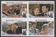 Tuvalu - Vaitupu,1986 Royal Wedding $1 in imperf block of 4 se-tenant with St Vincent Grenadines $2, Vaitupu $1 and,St Vincent $2 unmounted mint. From an uncut trial proof sheet of which only 10 such blocks can exist. A recent dis……Details Below