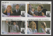 St Vincent - Bequia,1986 Royal Wedding $2 in imperf block of 4 se-tenant withNanumaga $1, Niutao $1 and Nukulaelae $1 unmounted mint. From an uncut trial proof sheet of which only 10 such blocks can exist. A recent discovery never previously offered.
